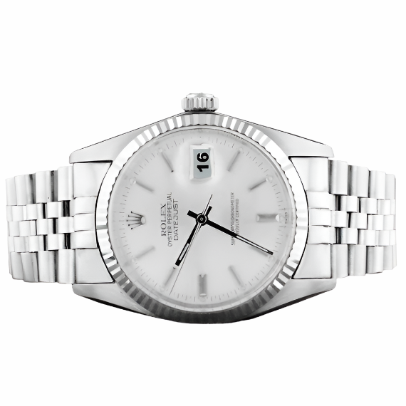 Herren Rolex Datejust Uhr, silbernes Zifferblatt, geriffelte Lünette, Edelstahl-Armband