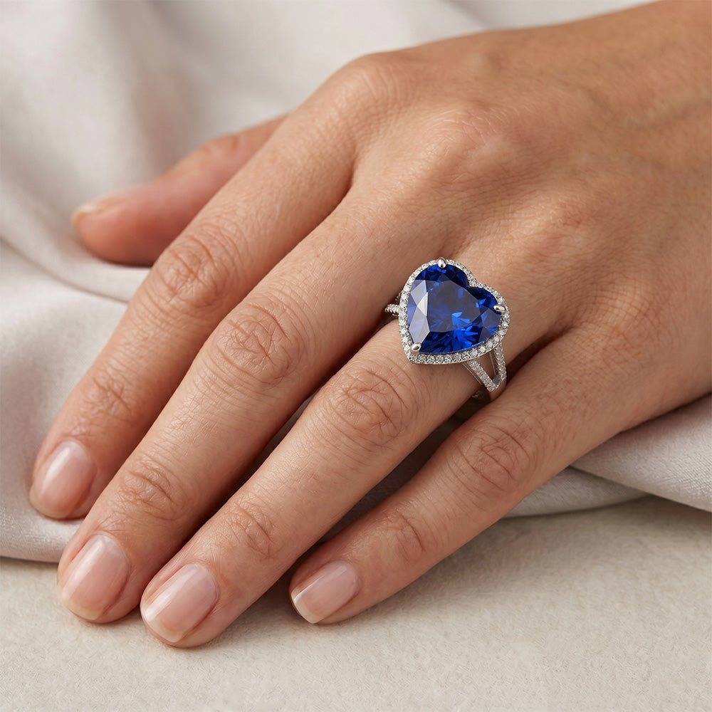 Herz Sri Lanka Saphir Aus der Erde Abgebauter Natürlicher Diamanten Weißgold 14K Ring 9.50 Karat