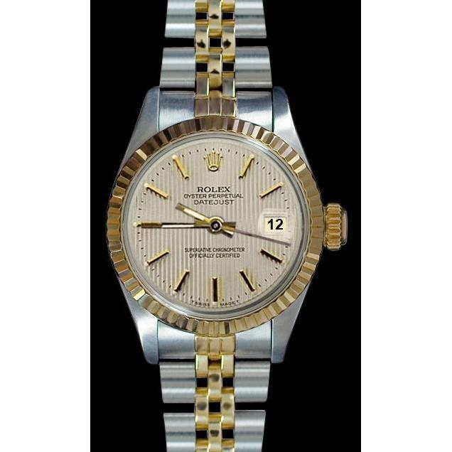 Jubiläums-Damenuhr Datejust aus Edelstahl und Golden von Rolex mit weißem Stock-Zifferblatt