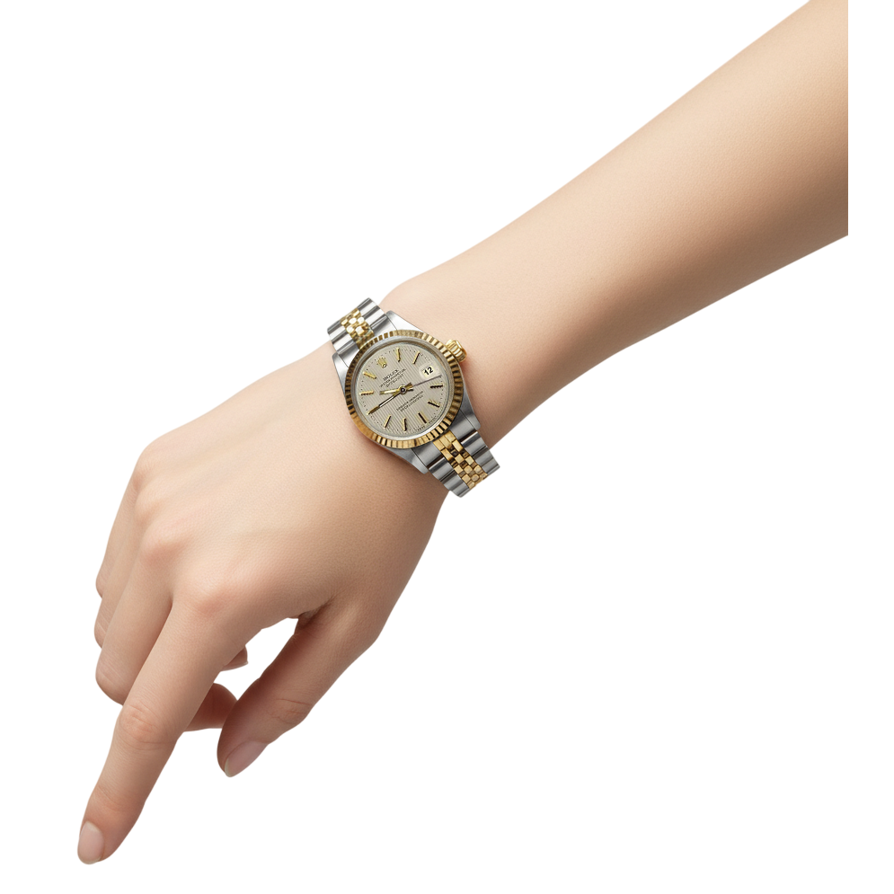 Jubiläums-Damenuhr Datejust aus Edelstahl und Golden von Rolex mit weißem Stock-Zifferblatt