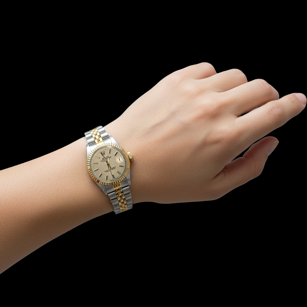 Jubiläums-Rolex-Damenuhr aus Edelstahl und Gelbgold mit Stock-Zifferblatt von Datejust P1