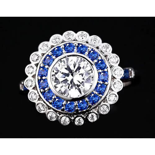 Jubiläumsring Runder Echt Diamant & Blauer Saphir Baguettes 4 Karat