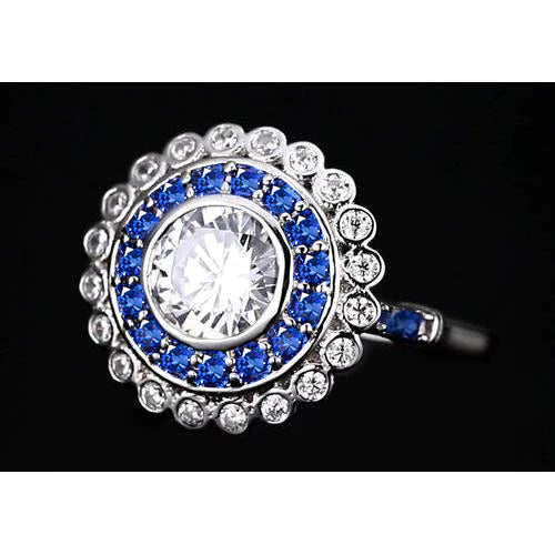 Jubiläumsring Runder Echt Diamant & Blauer Saphir Baguettes 4 Karat