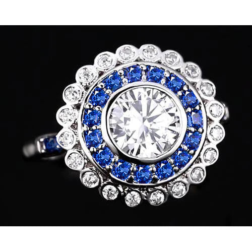 Jubiläumsring Runder Echt Diamant & Blauer Saphir Baguettes 4 Karat