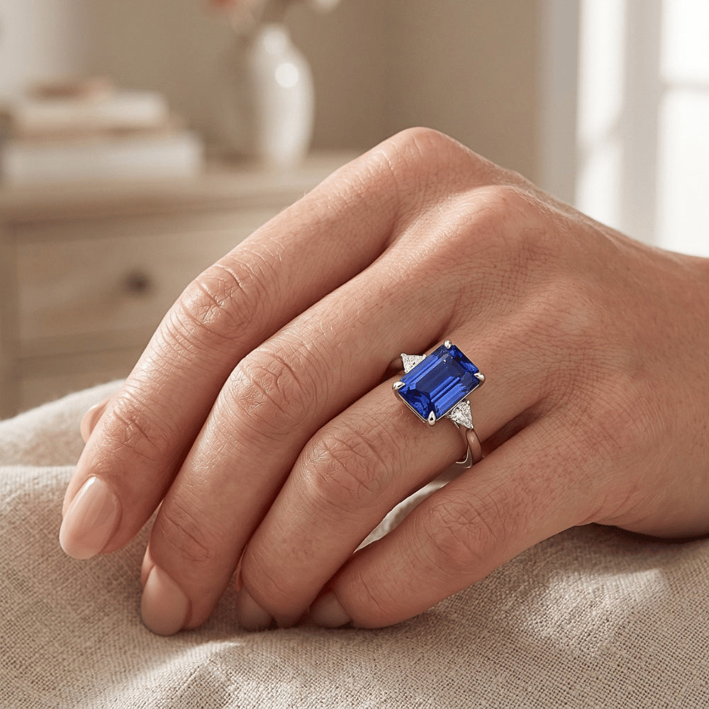 Jubiläumsring Smaragd Ceylon Saphir & Aus der Erde Abgebauter Natürlicher Diamant Akzente 3,25 Karat