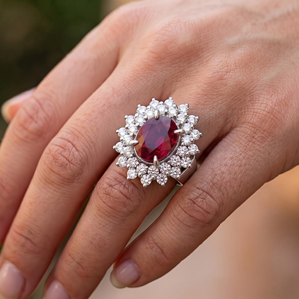 Jubiläumsring mit rotem Turmalin und Aus der Erde Abgebauter Natürlicher Diamant im Ovalschliff