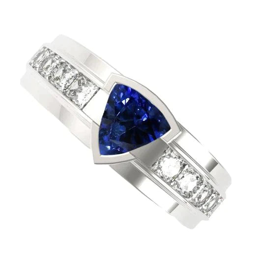 Kanalset Diamantring Trillion halbe Lünette Set Blauer Saphir 3 Karat