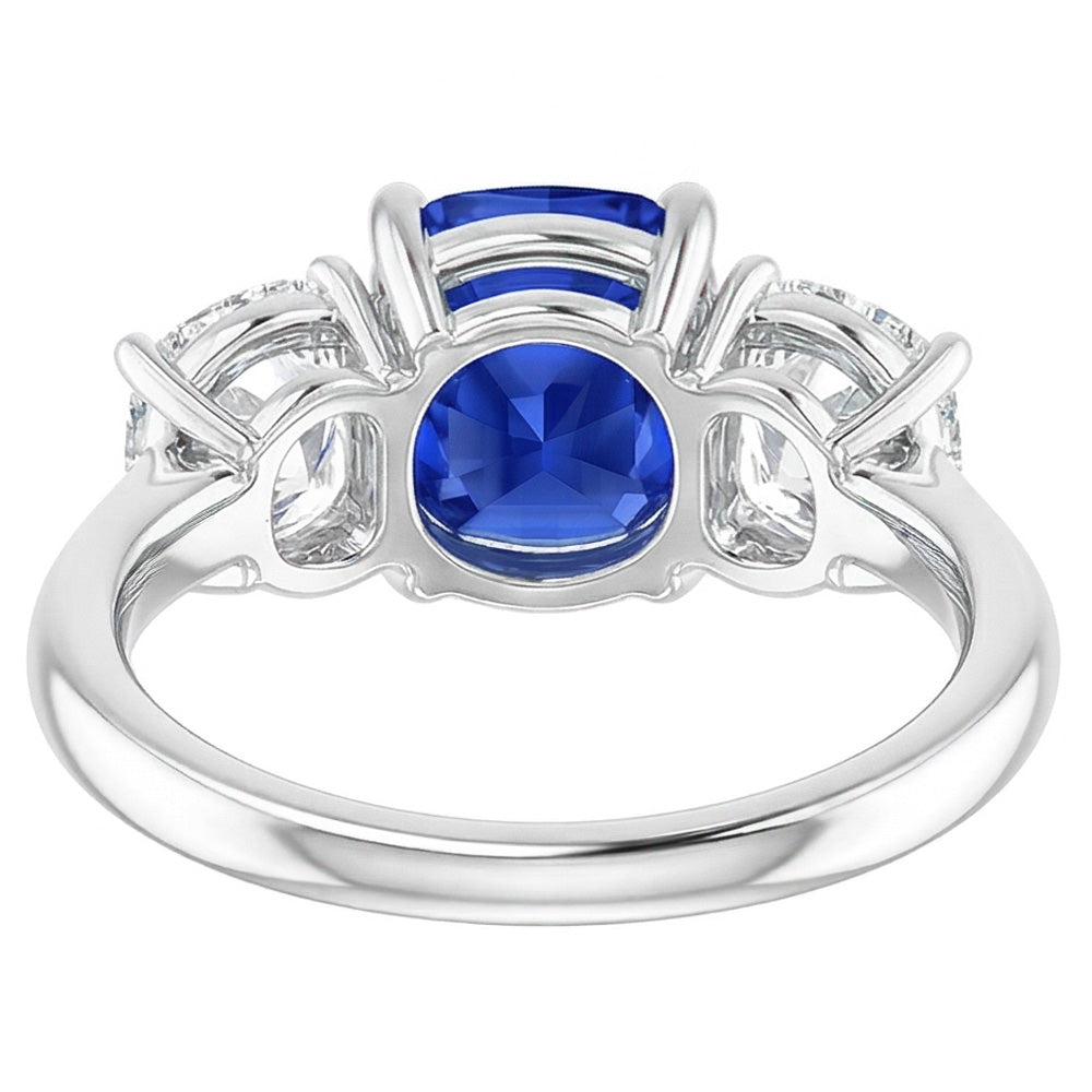 Kissen Saphir Drei Steine Ring 2,50 Karat Aus der Erde Abgebauter Natürlicher Diamanten Goldschmuck