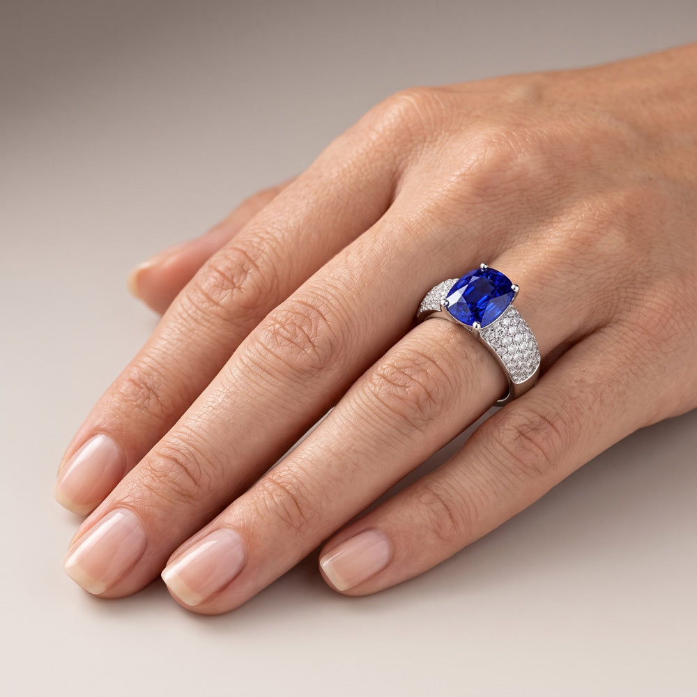 Kissen Saphir Edelstein Ring Weißgold 14K Natürlicher Diamant ( nicht im Labor gezüchtet )en 3,50 Karat