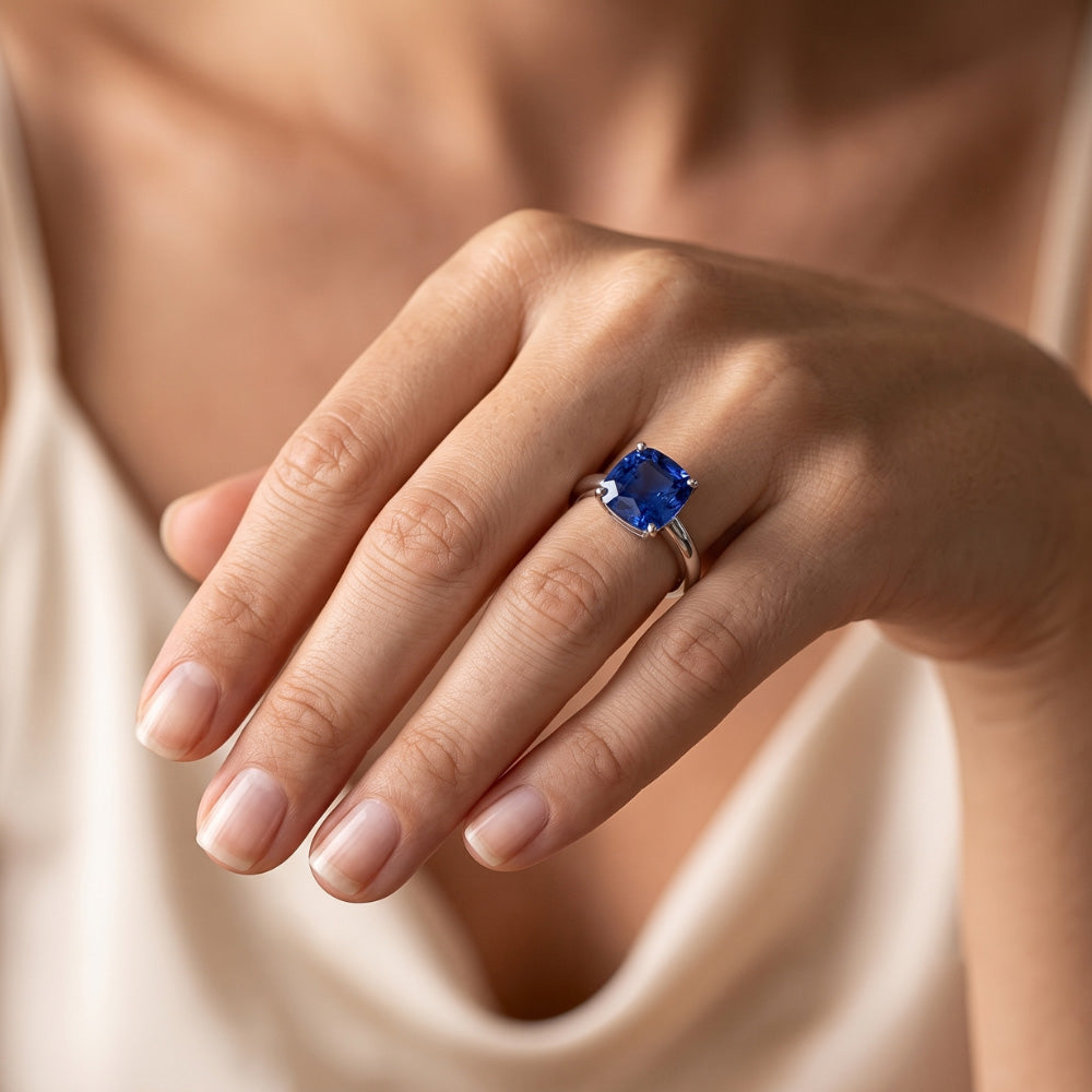 Kissen Solitär Saphir Ring 2,50 Karat Weißgold Schmuck