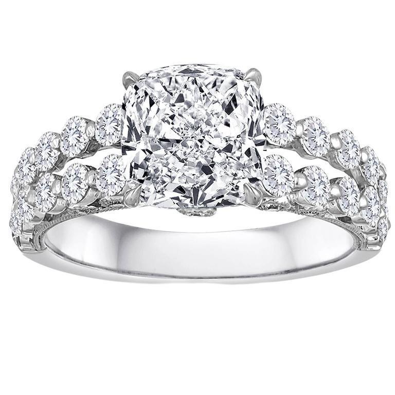 Kissen und runder Echt Diamantring mit geteiltem Schaft 4,50 Karat Weißgold 14K