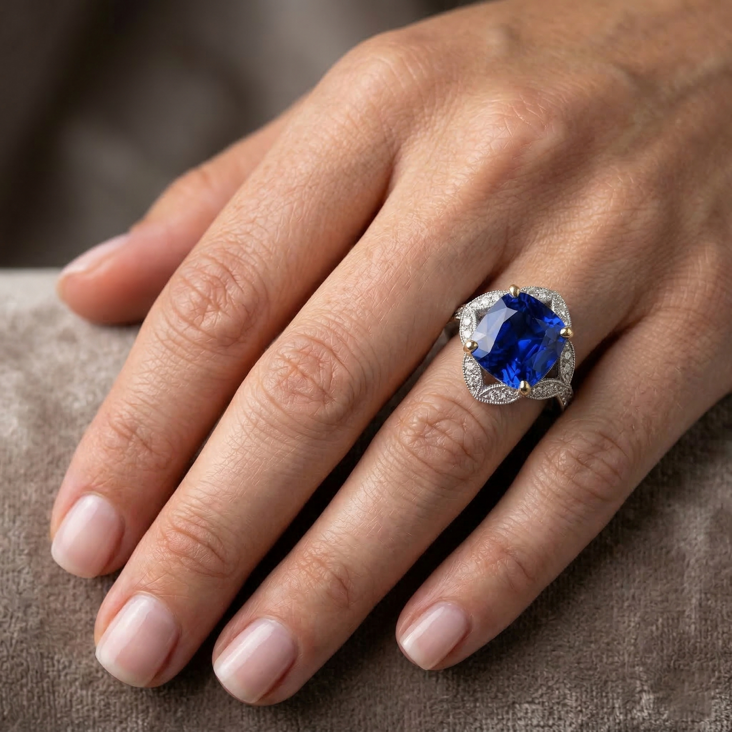 Kissen Sri Lanka Sapphire Aus der Erde Abgebauter Natürlicher Diamants Ring 5.66 ct. Zweifarbiges Gold