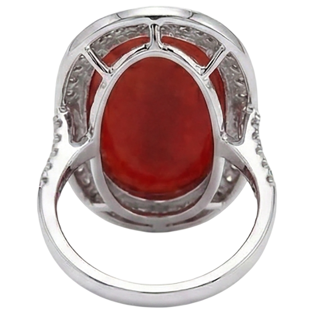 Krappenset 14 Karat Ovale Rote Koralle Mit Runden Aus der Erde Abgebauter Natürlicher Diamantring
