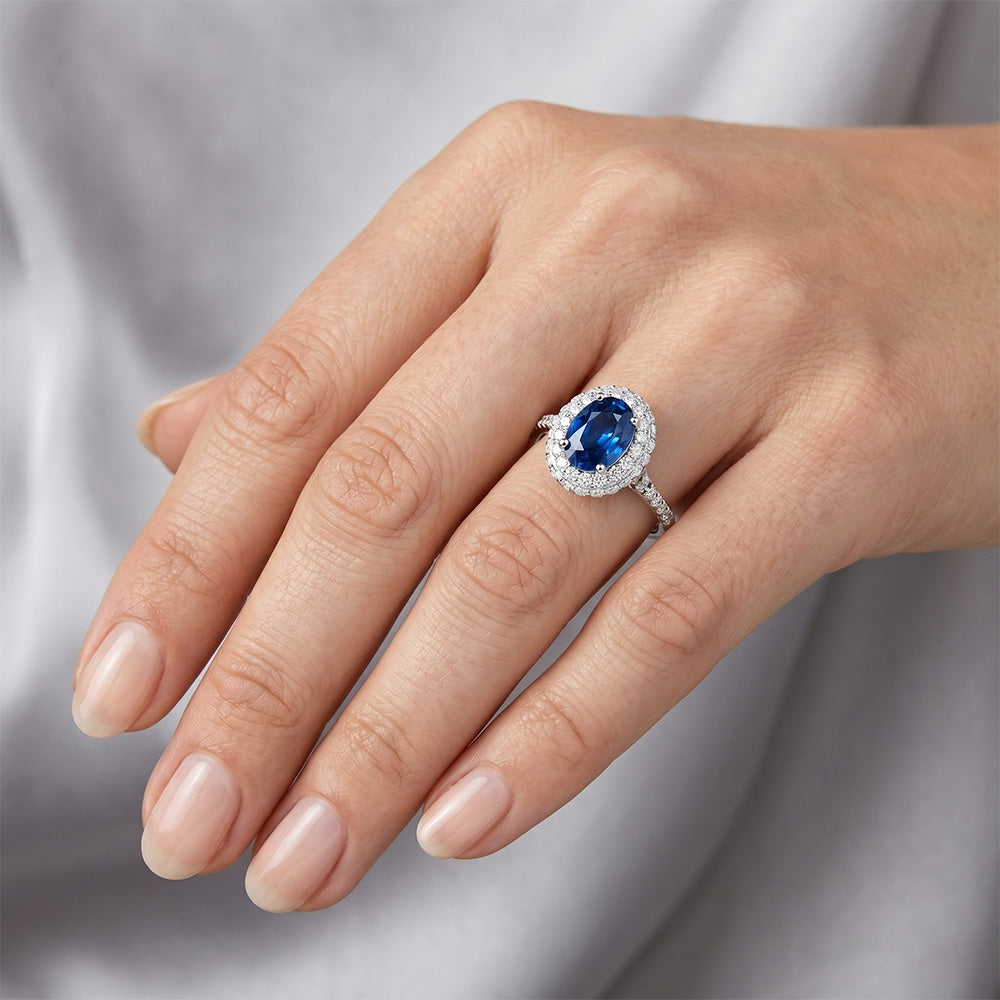 Krappenset Halo Saphir und Aus der Erde Abgebauter Natürlicher Diamanten 3.70 Karat Ring Weißgold 14K