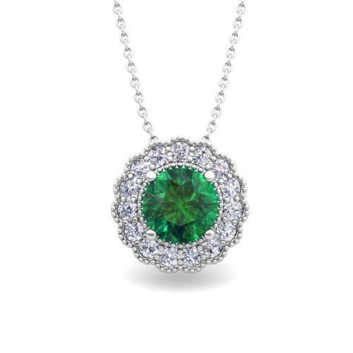 Krappenset Rund 6.75 Karat Grün Smaragd & Diamant Anhänger Weißgold 14K
