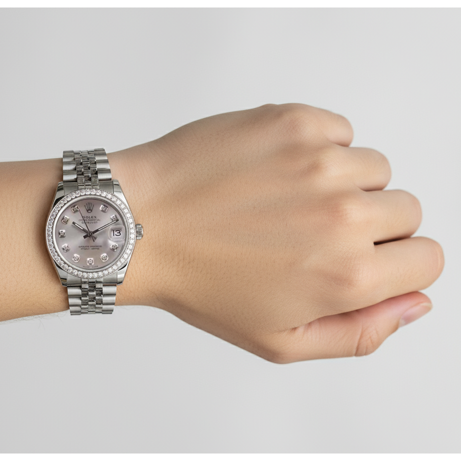 Kundenspezifische mittelgroße Rolex Datejust-Uhr Edelstahl 5 Karat mit Diamantlünette