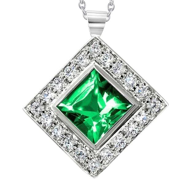 Lünette Set Grüner Smaragd mit Aus der Erde Abgebauter Natürlicher Diamanten Anhänger Halskette 7,75 ct.