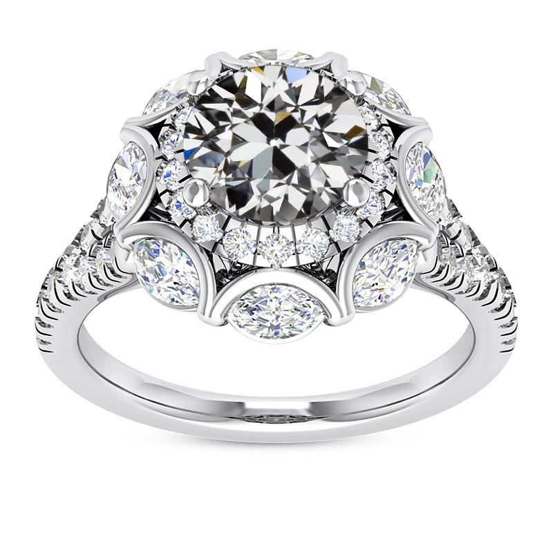 Marquise & Runder Altschliff Natürliche Diamant Heiligenschein Verlobungsring 11 Karat