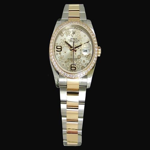 Mittelgroße Rolex-Uhr mit Diamantlünette, Damenuhr mit Fabriklünette und Blumenzifferblatt