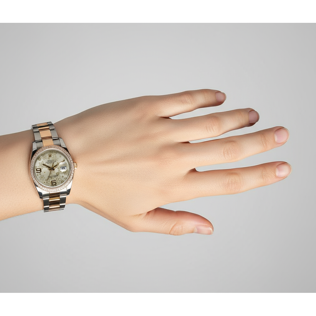 Mittelgroße Rolex-Uhr mit Diamantlünette, Damenuhr mit Fabriklünette und Blumenzifferblatt P2