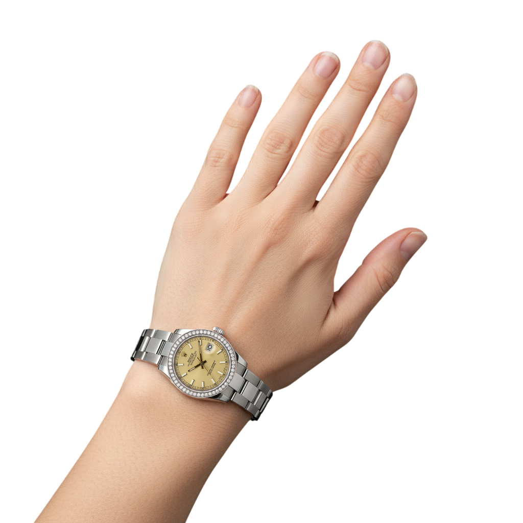 Mittelgroße Rolex-Uhr mit Stick-Zifferblatt, Edelstahl-Oyster-Armband und Diamant-Lünette P2