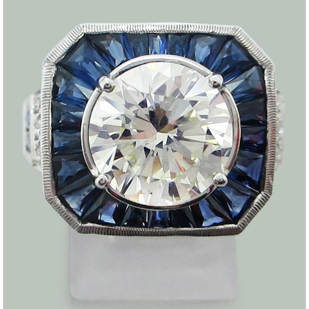 Natürliche Runder Diamanten & Sri Lanka Saphir Ring 6,50 Karat Weißgold 14K