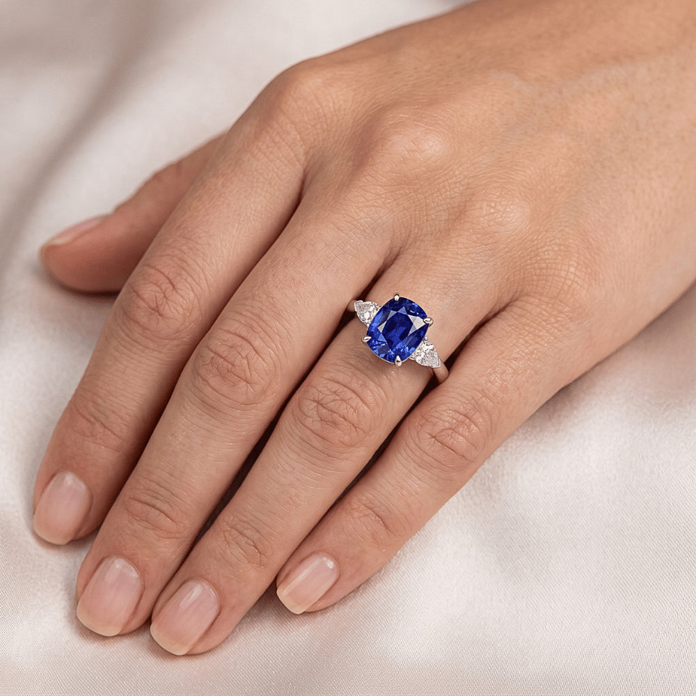 Natürlicher Diamant ( nicht im Labor gezüchtet ) 3 Stein Birne & Oval Blauer Saphir Ring 3 Karat Damenschmuck