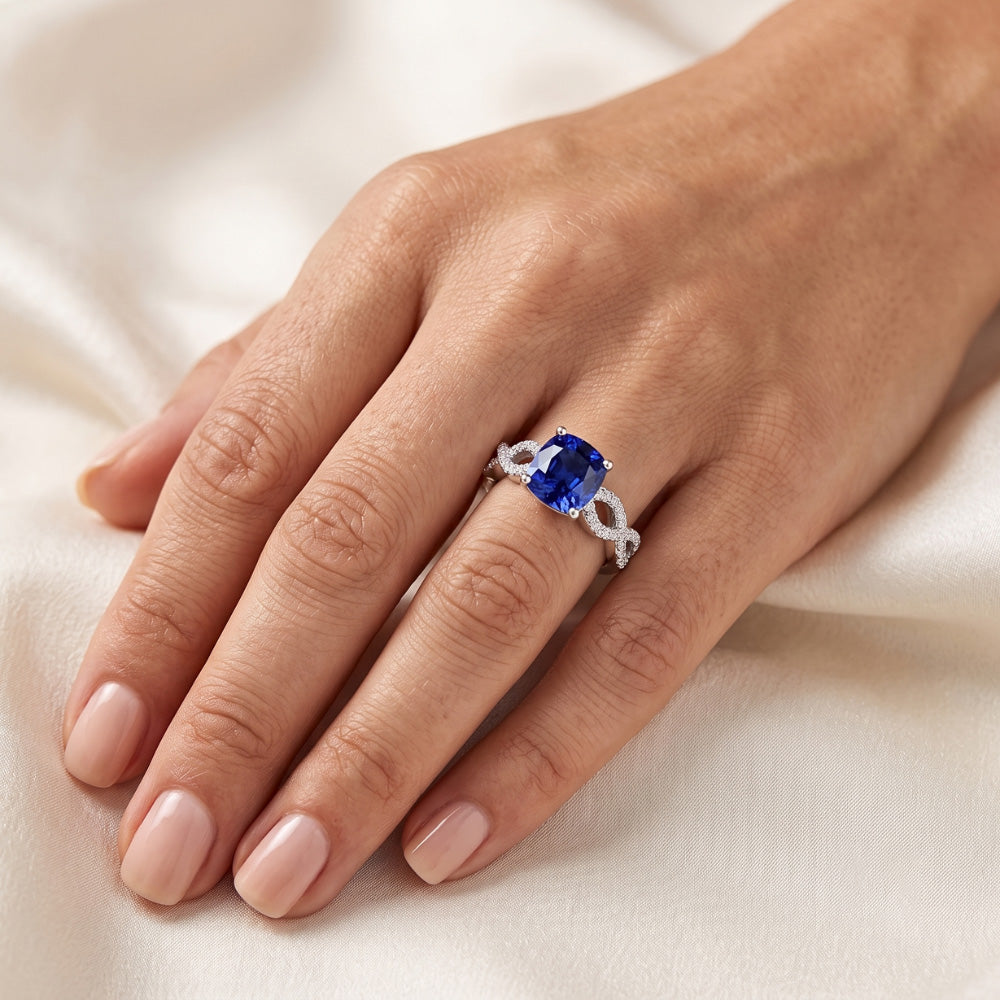 Natürlicher Diamant ( nicht im Labor gezüchtet ) Kissen Blauer Saphir Edelstein Ring Infinity Style 3 Karat