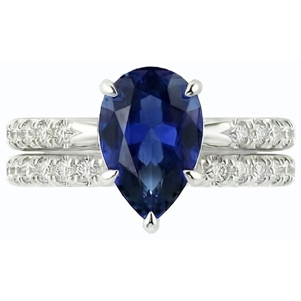 Natürlicher Diamant ( nicht im Labor gezüchtet )-Verlobungsring-Set Birne Sri Lanka Saphir 3,50 Karat