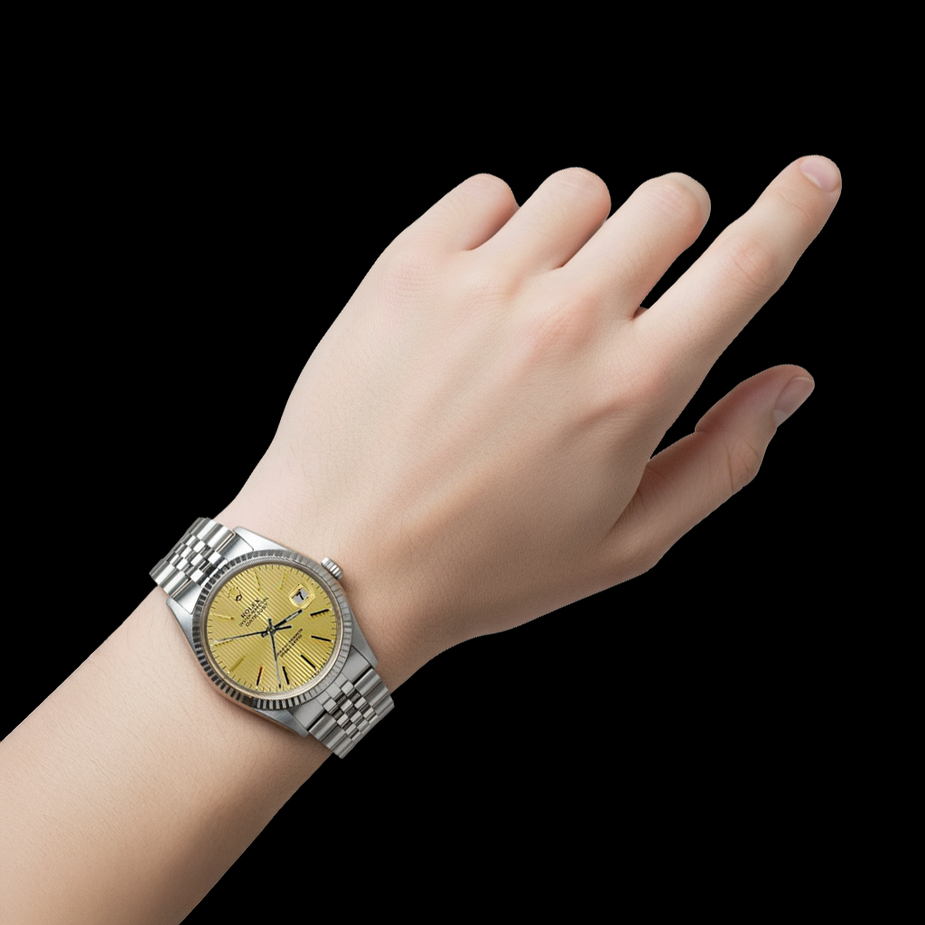 Edelstahl Champagner Stick Zifferblatt geriffelte Lünette Datejust Rolex Herrenuhr SCHNELLES EINSTELLEN