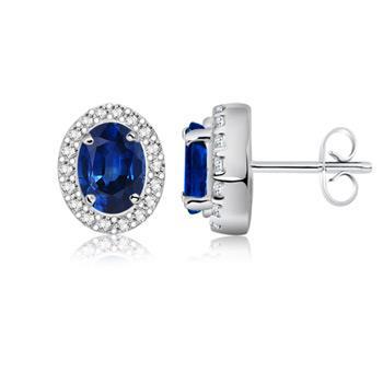 Ovaler Ceylon Saphir Halo Aus der Erde Abgebauter Natürlicher Diamant Ohrstecker Weißgold 14K 2.36 ct.