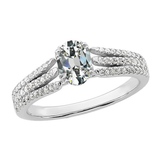 Ovaler alter Minenschliff Echt Diamantring mit geteiltem Schaft 5.50 Karat Pflasterset Gold