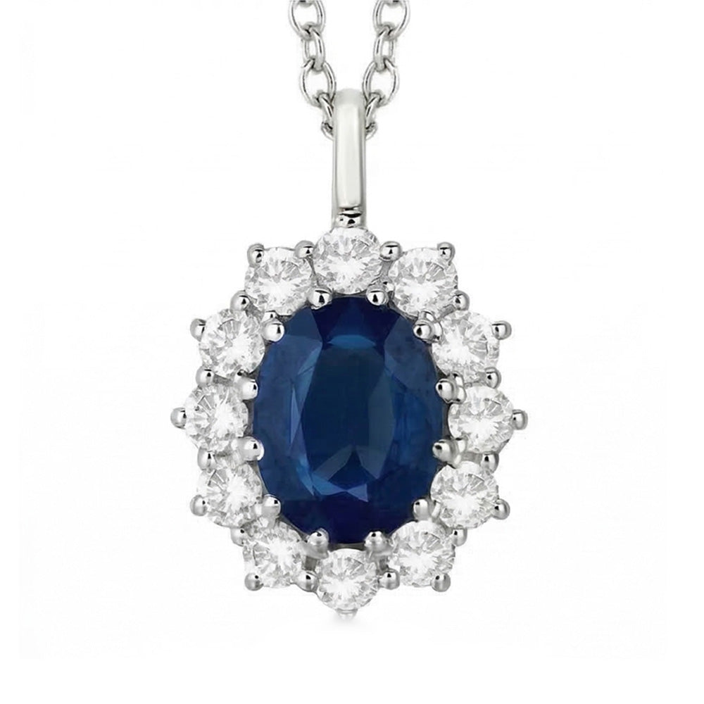Ovaler blauer Saphir mit Aus der Erde Abgebauter Natürlicher Diamanten Anhänger Halskette 2,70 ct Weißgold
