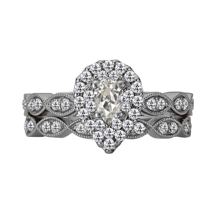 Pear Old Mine Cut Echt Diamant Halo Ehering Set Milgrain 4 Karat