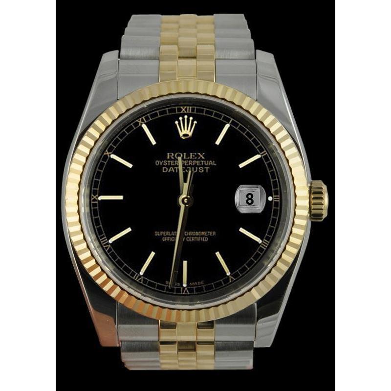 Perpetual Rolex Edelstahl & Gold Jubilee Herrenuhr mit schwarzem Stick-Zifferblatt, SCHNELLES SET