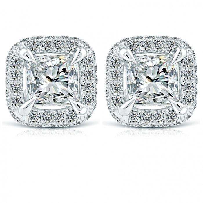 Princess And Runden 4.00 Karat Echt Aus der Erde Abgebauter Natürlicher Diamanten Ohrstecker Halo Ohrringe Gold Weiß