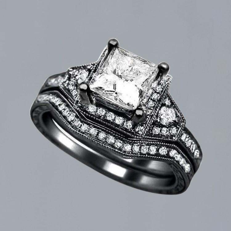 Prinzessin Echt DiamantVerlobungsring & Band Set 2,50 Karat Schwarzgold 14K