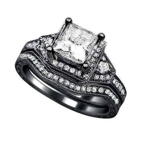 Prinzessin Echt DiamantVerlobungsring & Band Set 2,50 Karat Schwarzgold 14K