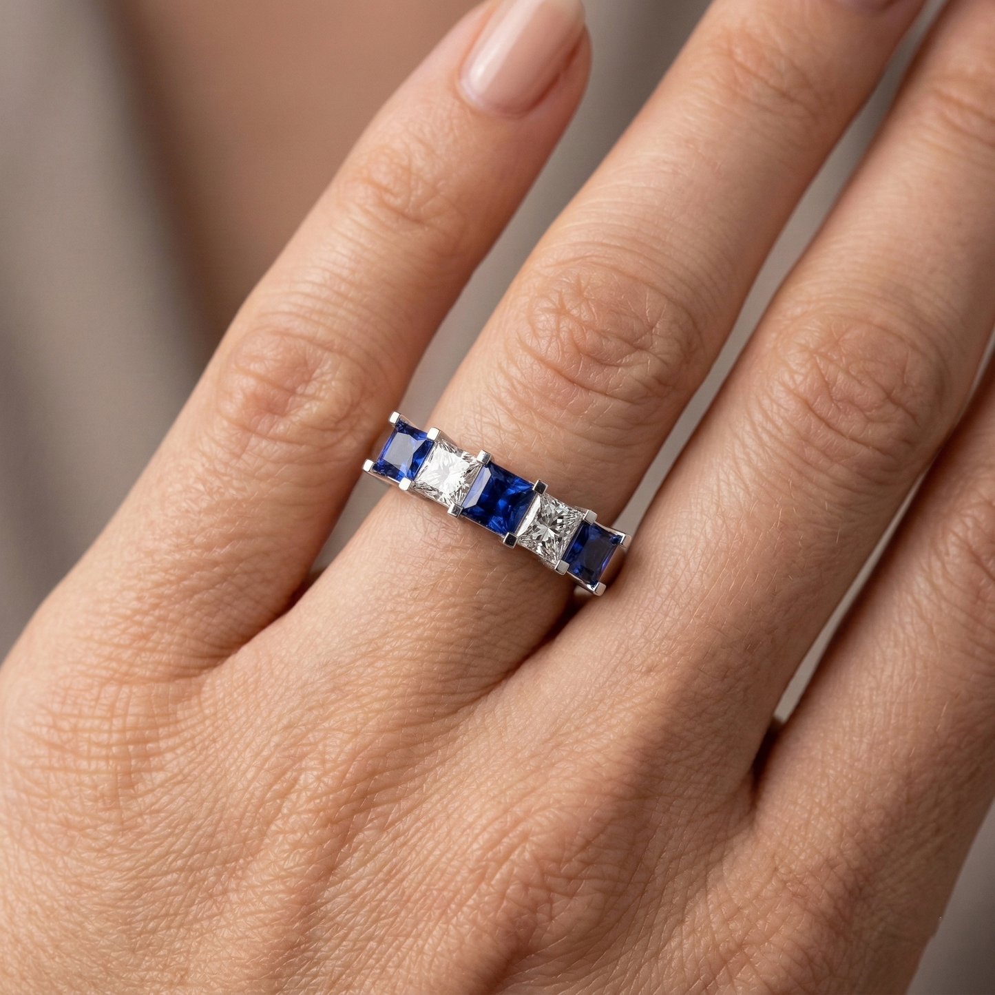 Prinzessinnenschnitt Ceylon Saphir Aus der Erde Abgebauter Natürlicher Diamanten 5 Steine Ring 1.75 Ct