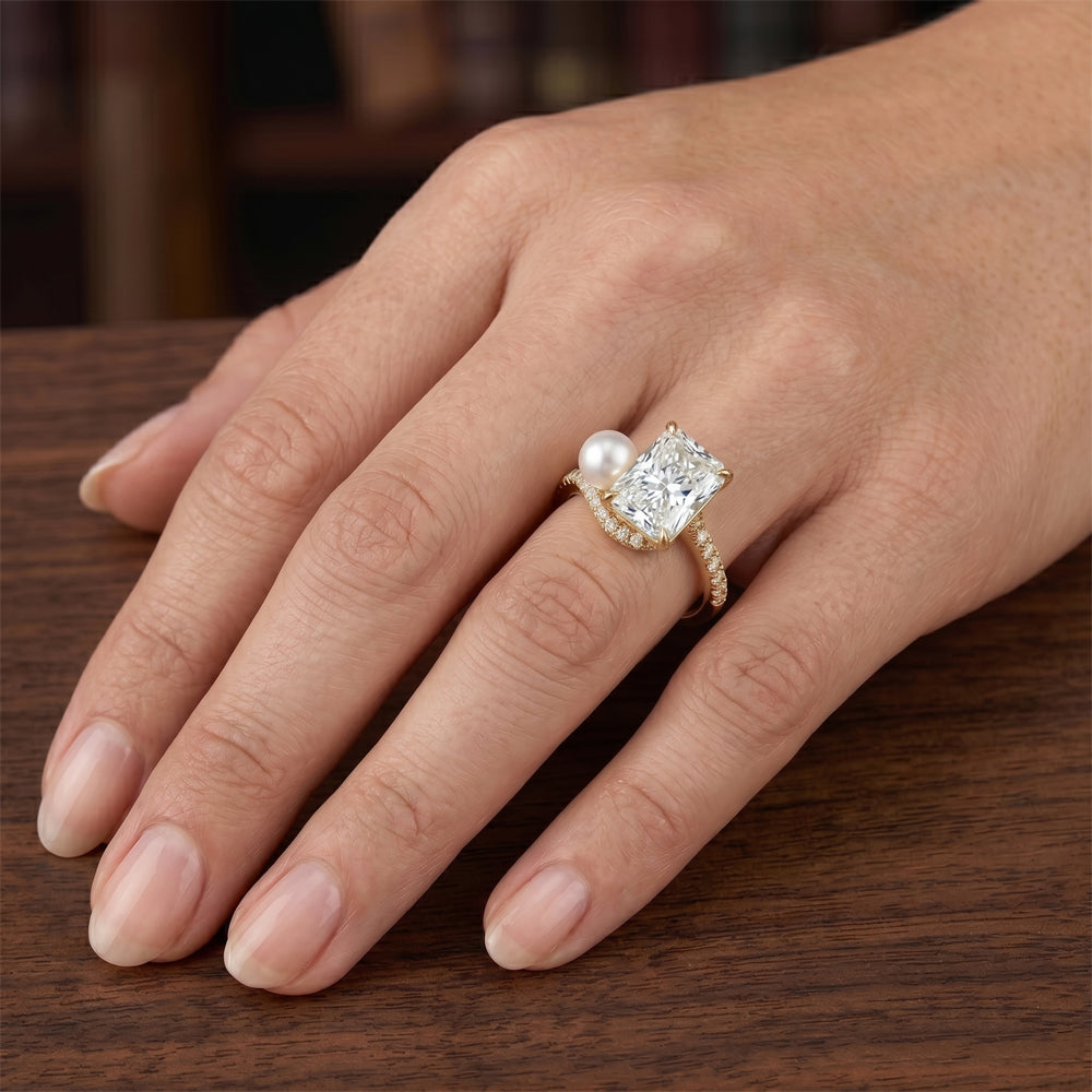 Radiant-Schliff Akzent-Solitär-Ring – Perle 4 Karat 14K Gelbgold