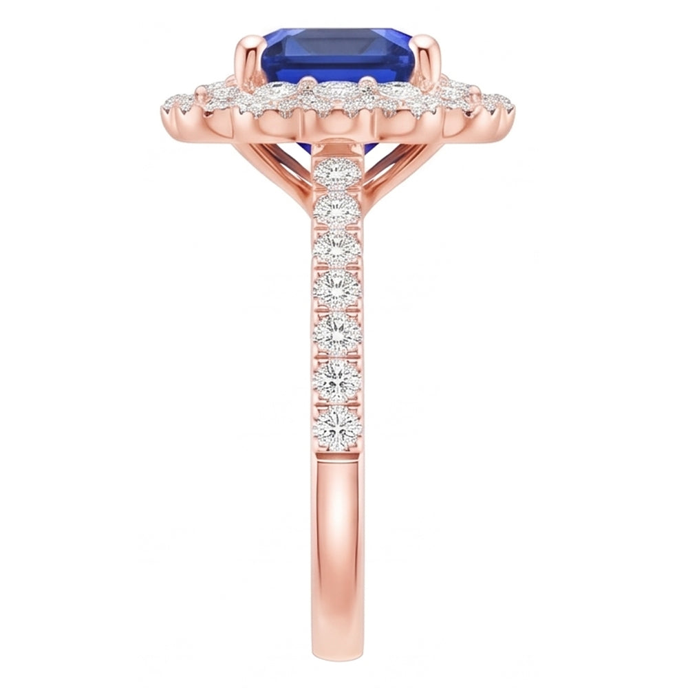 Ringkissen mit Halo-Aus der Erde Abgebauter Natürlicher Diamant aus Roségold, blauer Saphir, Zentrum 3.75 Karat