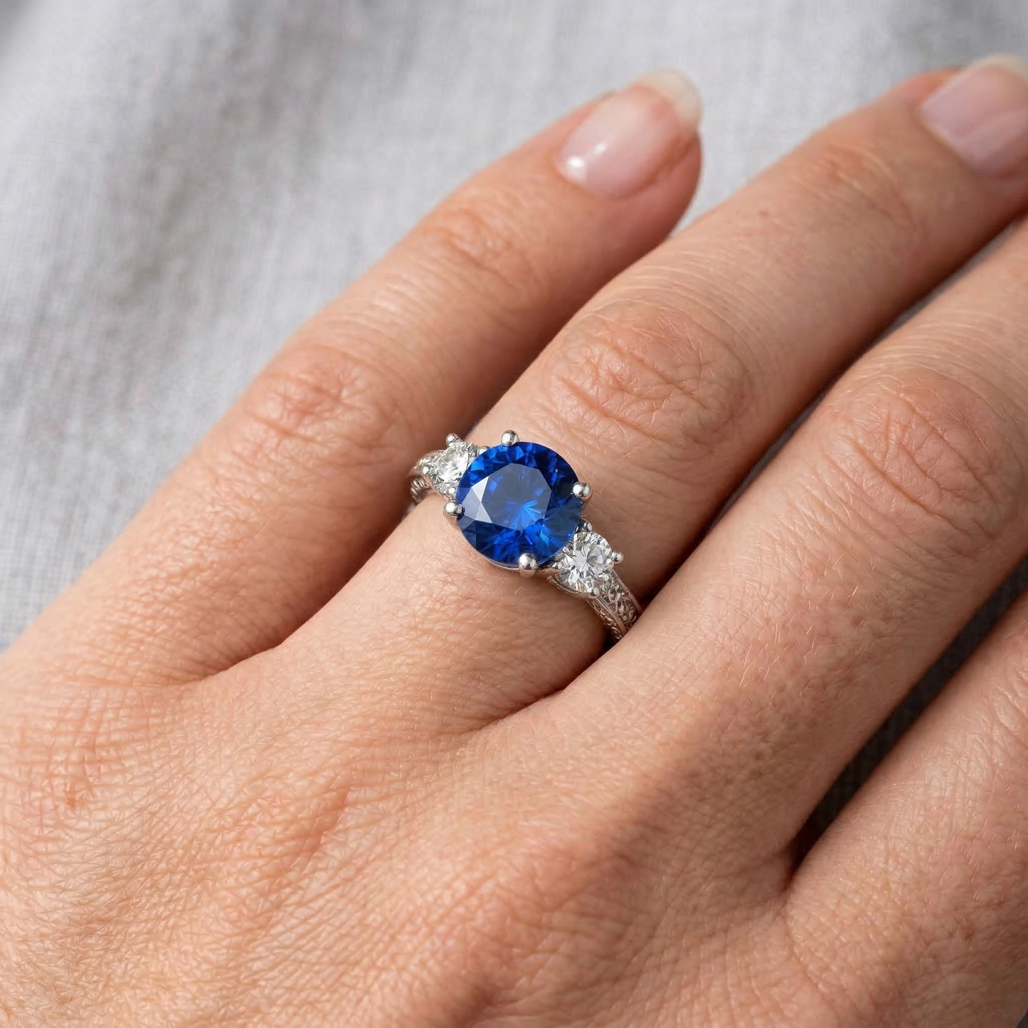Ring mit 3 Steinen. 2.60 ct. srilankischer Saphir und Aus der Erde Abgebauter Natürlicher Diamanten. WG 14K