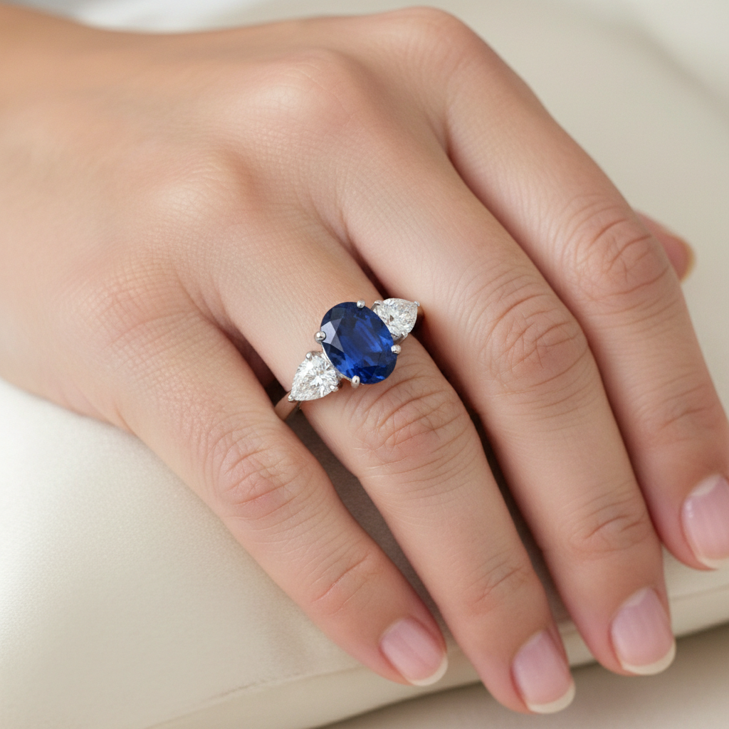 Ring mit Saphir und Aus der Erde Abgebauter Natürlicher Diamanten im Oval- und Birnenschliff von 3,50 Karat Weißgold 14 Karat