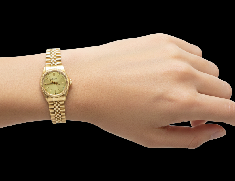 Rolex 24 mm Gelbgold-Uhr mit champagnerfarbenem Stabzifferblatt