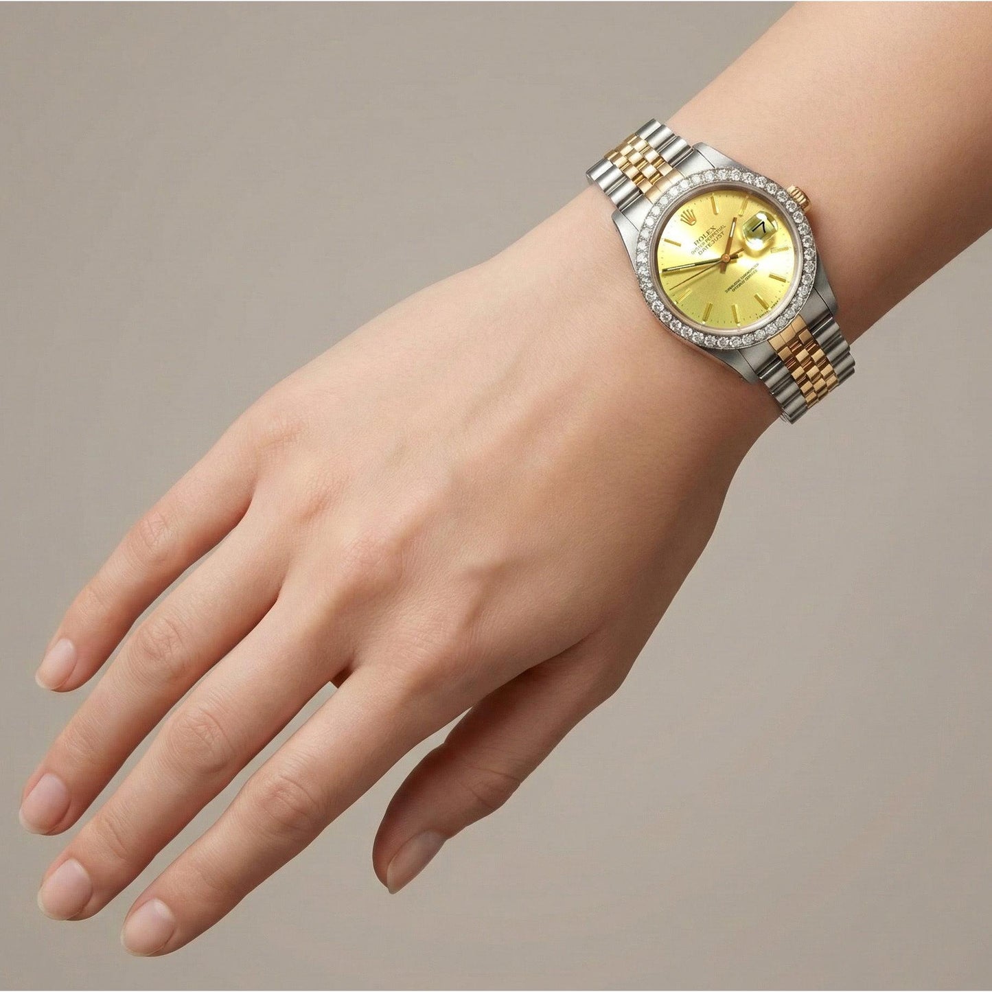 Rolex Datejust Herrenuhr, Diamantlünette, Gold und Edelstahlarmband, SCHNELLES SET