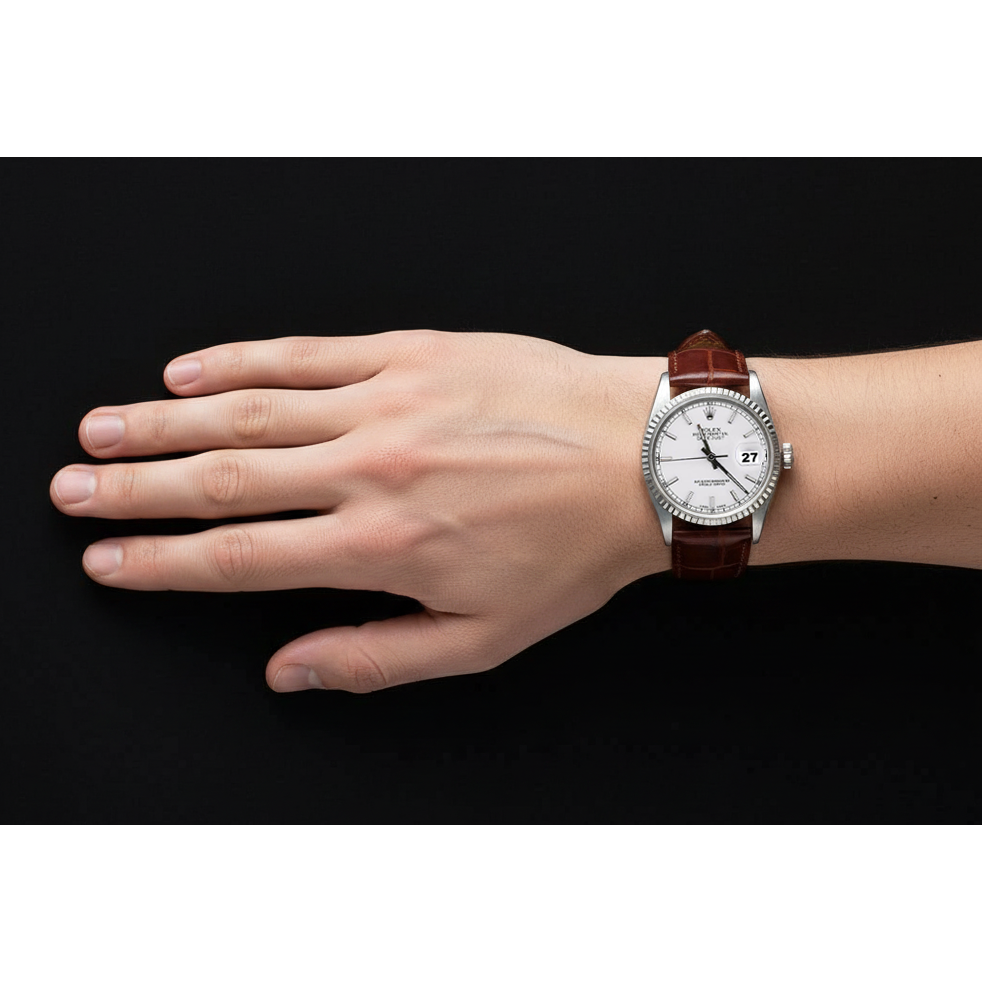 Rolex Edelstahl Herrenuhr mit geriffelter Lünette, Datum, nur braunes Lederband, SCHNELLES SET