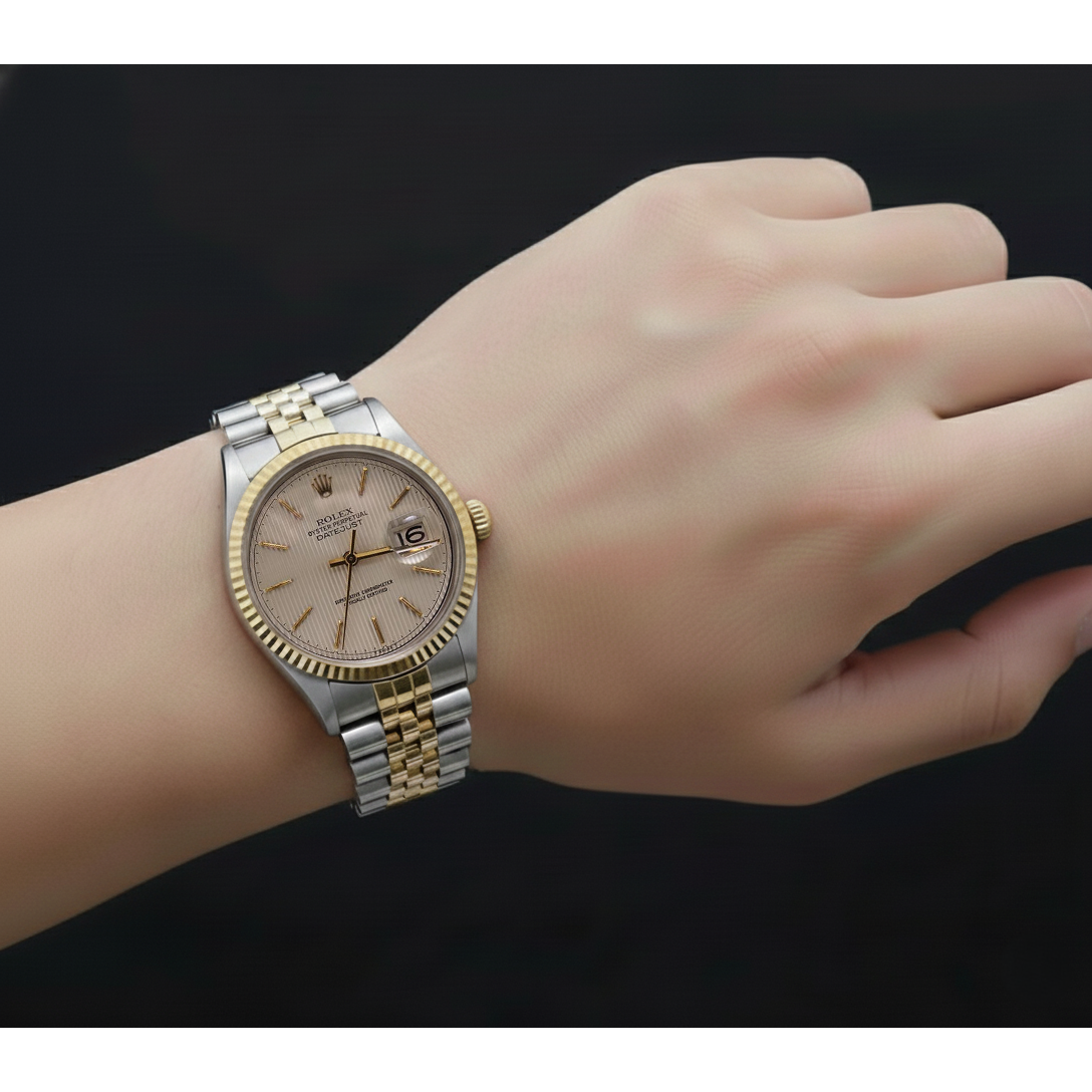 Rolex Herrenuhr, elfenbeinfarbenes Stick-Zifferblatt, Datejust, zweifarbig, Gold und Edelstahl, Schnelleinstellung