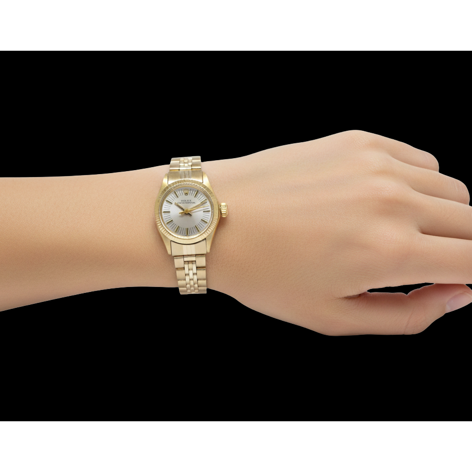 Rolex Oyster Perpetual 24 mm Silber Stabzifferblatt Gelbgold Uhr
