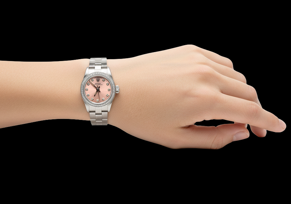 Rolex Oyster Perpetual, 24 mm, Edelstahluhr mit rosa Diamant-Zifferblatt