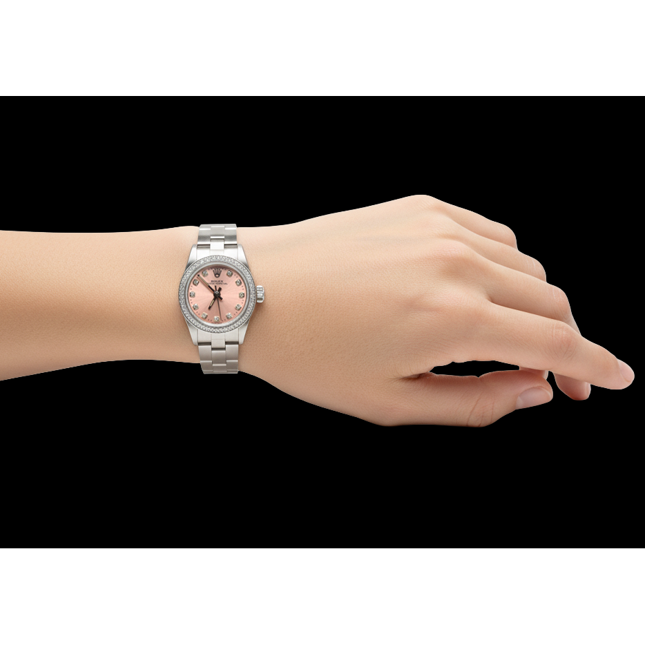 Rolex Oyster Perpetual, 24 mm, Edelstahluhr mit rosa Diamant-Zifferblatt